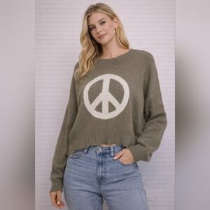POL Cropped Peace Sign Sweater | Olive Green Soft Knit | Relaxed Boho Fit